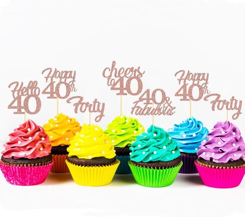 Sotpot 30PCS Happy 40th Birthday Cupcake Toppers Rose Gold Glitter 40 Fabulous Cheers to 40 Cupcake Decorations for 40th Birthday Anniversary Party Supplies in Saudi Arabia