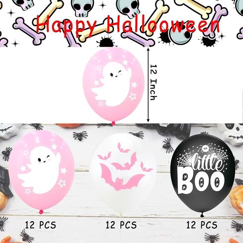 Happy Halloween balloons, pink white and black latex balloons with cute ghost, spider web, pink bat design for party favors, baby shower, Halloween birthday party decorations in Kuwait