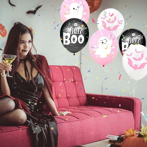 Happy Halloween balloons, pink white and black latex balloons with cute ghost, spider web, pink bat design for party favors, baby shower, Halloween birthday party decorations in Kuwait