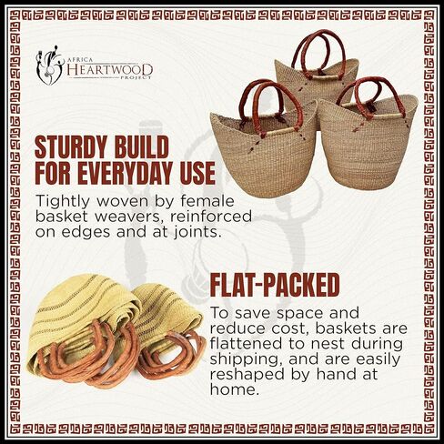 سلة تسوق أفريقية طبيعية فاخرة - كبيرة على شكل حرف U مقاس 18 بوصة - من تصميم نساء السوق في بولجاتانجا، غانا مع مشروع خشب القلب الأفريقي - GBLSN (معبأة بشكل مسطح) in Kuwait