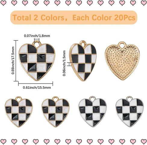 Sunnyclue 1 Box 40pcs Charmed Charm Monamel Heart Charms Bulk Gold Silver Metal Alloy Black White Flag Love Hearts على شكل مجوهر in Saudi Arabia