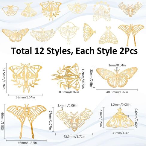 Sunnyclue 1 Box 24pcs 12 Styles Gold Butterfly Connector Charms Brass Link Charm Bulk Metal Hollow Butterflies Moth 2 Hrowes Toncmors for Jewelry Making Charms arring Diy Crafts Association in Saudi Arabia