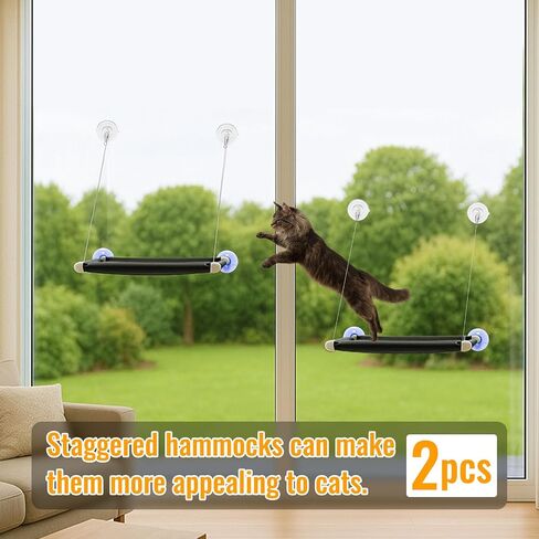 2 Pack Cat Window Perches, Easy Mounted Cat Hammock Window with 6 Strong Suction Cups, Black Mesh Fabric and Canvas Pads, Window cat Bed for Large Cats and Kittens, 38Lbs Load Capacity in Saudi Arabia