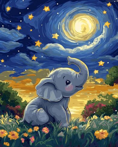 Oksgyta Elephant يلعب في Meadow Paint بواسطة أرقام أرقام للمبتدئين للمبتدئين ، الفيل في الليل بالطلاء بالأرقام ، اللوحة الزيتية الأكريلية الليلية لديكور المنزل (16 × 20 بوصة ، لا إطار) in Saudi Arabia