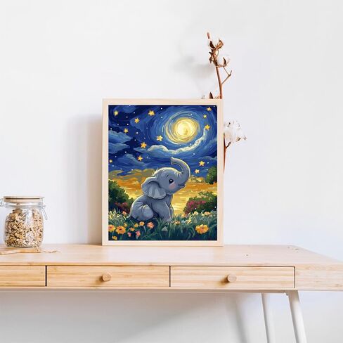 Oksgyta Elephant يلعب في Meadow Paint بواسطة أرقام أرقام للمبتدئين للمبتدئين ، الفيل في الليل بالطلاء بالأرقام ، اللوحة الزيتية الأكريلية الليلية لديكور المنزل (16 × 20 بوصة ، لا إطار) in Saudi Arabia