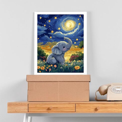 Oksgyta Elephant يلعب في Meadow Paint بواسطة أرقام أرقام للمبتدئين للمبتدئين ، الفيل في الليل بالطلاء بالأرقام ، اللوحة الزيتية الأكريلية الليلية لديكور المنزل (16 × 20 بوصة ، لا إطار) in Saudi Arabia