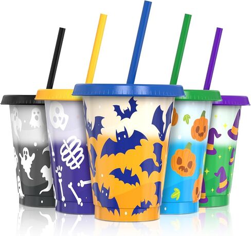 Color Changing Cups, Halloween Plastic Cups with Lids and Straws, Reusable Plastic Tumblers - 5 Packs 16 oz, BPA-free, Cold Drink Party Cups for Kids, Adults in Saudi Arabia