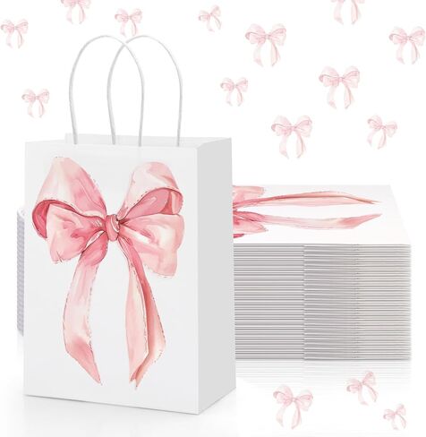 Draupnir 24pcs Coquette Pink Bow Paper Paper Facs ، حقائب لصالح الحفلات ، أكياس Goodie الوردي لعيد ميلاد وحفلات البكالوريوس الديكور Coquette Bow Pouches مع مقابض 8.3x5.9x3.1 بوصة in Kuwait