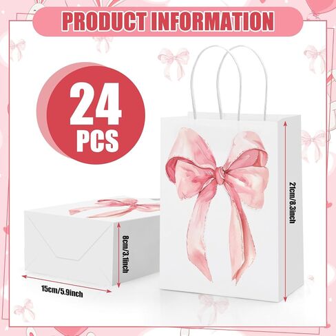 Draupnir 24pcs Coquette Pink Bow Paper Paper Facs ، حقائب لصالح الحفلات ، أكياس Goodie الوردي لعيد ميلاد وحفلات البكالوريوس الديكور Coquette Bow Pouches مع مقابض 8.3x5.9x3.1 بوصة in Kuwait