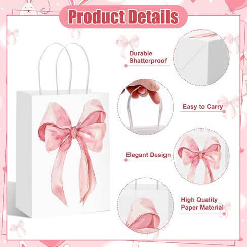 Draupnir 24pcs Coquette Pink Bow Paper Paper Facs ، حقائب لصالح الحفلات ، أكياس Goodie الوردي لعيد ميلاد وحفلات البكالوريوس الديكور Coquette Bow Pouches مع مقابض 8.3x5.9x3.1 بوصة in Kuwait