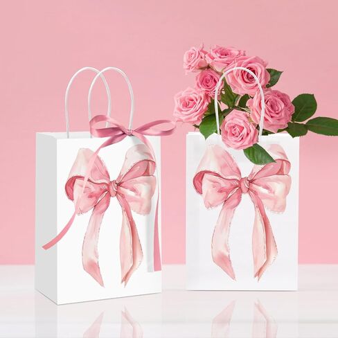 Draupnir 24pcs Coquette Pink Bow Paper Paper Facs ، حقائب لصالح الحفلات ، أكياس Goodie الوردي لعيد ميلاد وحفلات البكالوريوس الديكور Coquette Bow Pouches مع مقابض 8.3x5.9x3.1 بوصة in Kuwait