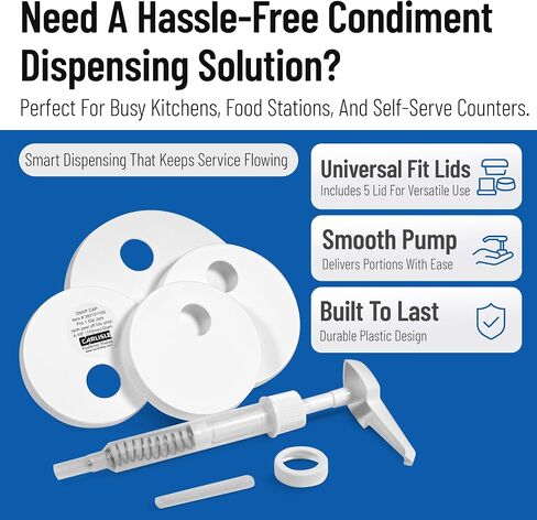 Carlisle FoodService Products Universal Condiment Pump/Dispenser Kit with 5 Lids, White in Saudi Arabia