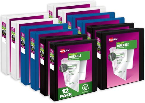 Avery Durable View 3 Ring Binders, 1.5 Inch Slant Rings, 375-Sheet Capacity, DuraHinge, 2.1 Inch Wide Spines, 4 Each Color: Black, Bright Blue, and White (12-Pack of 17028) in Saudi Arabia