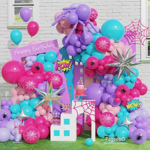 Pagebo Spider موضوع قوس البالون ، 153pcs وردي اللون الأرجواني الأزرق العنكبوت البالونات طباعة مع انفجار الفضة النجمة البالونات in Kuwait