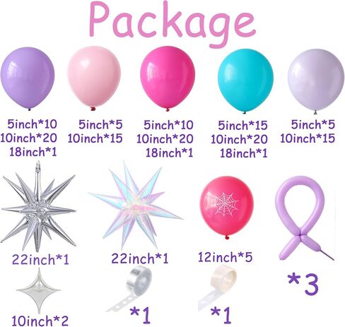 Pagebo Spider موضوع قوس البالون ، 153pcs وردي اللون الأرجواني الأزرق العنكبوت البالونات طباعة مع انفجار الفضة النجمة البالونات in Kuwait