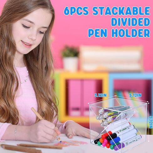 Kosiz 6 Pcs Back to School Stackable Pen Organizer 5.12 Inch Marker Pen Clear Holder Stackable Cube Organizer Removable Divider Acrylic Holder for Office Desk Desktop Storage in Saudi Arabia