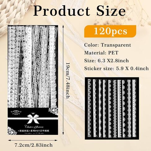 120 Pcs Lace Stickers Vintage Scrapbook PET Tapes Waterproof Embellishment Stickers Decoration Supplies for Scrapbooking Journals Wedding Planners Laptops Photo Frame Crafts in Saudi Arabia