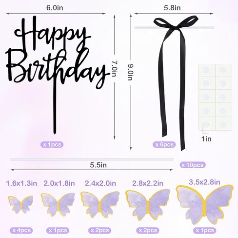 17pcs كعكة عيد ميلاد سعيد أقطار أعلى 3D الفراشة كب كيك أعلى الوردي الأرجواني الذهب القوس كعكة Topper حفلة عيد ميلاد لعائلتك وأصدقائك in Kuwait