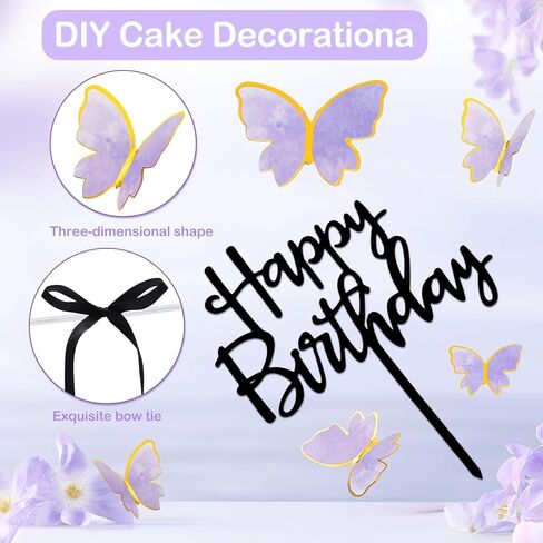 17pcs كعكة عيد ميلاد سعيد أقطار أعلى 3D الفراشة كب كيك أعلى الوردي الأرجواني الذهب القوس كعكة Topper حفلة عيد ميلاد لعائلتك وأصدقائك in Kuwait