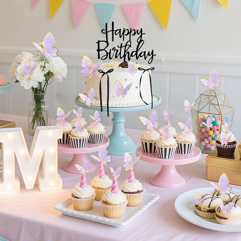 17pcs كعكة عيد ميلاد سعيد أقطار أعلى 3D الفراشة كب كيك أعلى الوردي الأرجواني الذهب القوس كعكة Topper حفلة عيد ميلاد لعائلتك وأصدقائك in Kuwait