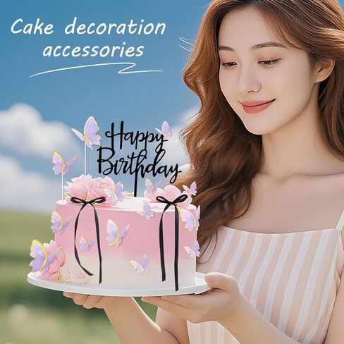 17pcs كعكة عيد ميلاد سعيد أقطار أعلى 3D الفراشة كب كيك أعلى الوردي الأرجواني الذهب القوس كعكة Topper حفلة عيد ميلاد لعائلتك وأصدقائك in Kuwait
