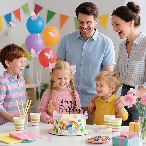 17pcs كعكة عيد ميلاد سعيد أقطار أعلى 3D الفراشة كب كيك أعلى الوردي الأرجواني الذهب القوس كعكة Topper حفلة عيد ميلاد لعائلتك وأصدقائك in Kuwait