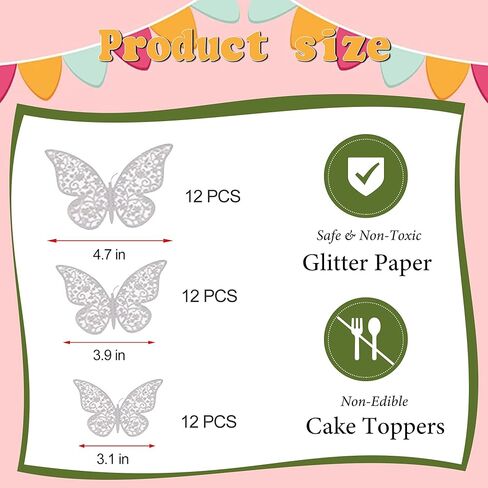 36Pcs Butterfly Cupcake Topper,3D Butterfly Cake Topper 4 Styles 3 Sizes,Silver Butterfly Decorations for Wedding Anniversary Birthday Party Decorating in Saudi Arabia