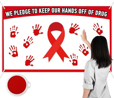 MotiMind Red Ribbon Week Awareness Poster with Ink Pad 60 x 36 Inch Red Ribbon Sign Print We Pledge to Keep Our Hands off of Drug Banner Backdrop for Bulletin Board Publicity Decorations in Saudi Arabia