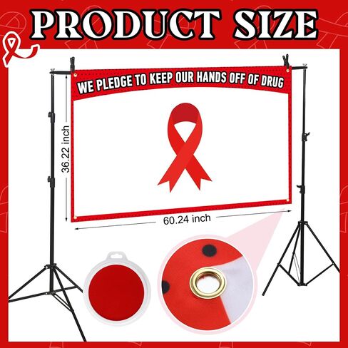 MotiMind Red Ribbon Week Awareness Poster with Ink Pad 60 x 36 Inch Red Ribbon Sign Print We Pledge to Keep Our Hands off of Drug Banner Backdrop for Bulletin Board Publicity Decorations in Saudi Arabia