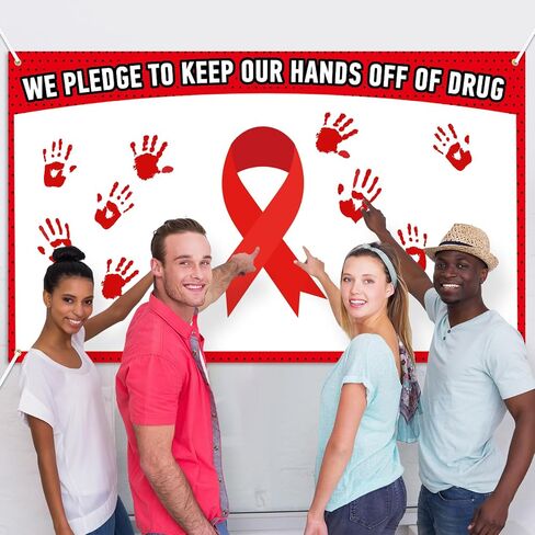 MotiMind Red Ribbon Week Awareness Poster with Ink Pad 60 x 36 Inch Red Ribbon Sign Print We Pledge to Keep Our Hands off of Drug Banner Backdrop for Bulletin Board Publicity Decorations in Saudi Arabia