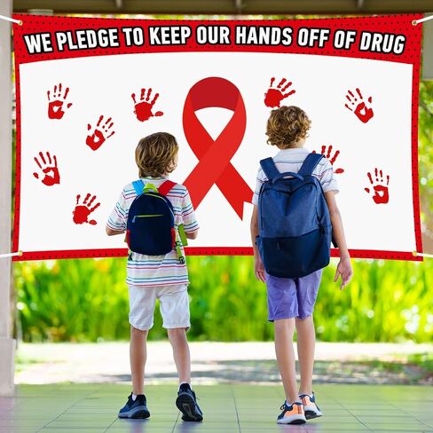 MotiMind Red Ribbon Week Awareness Poster with Ink Pad 60 x 36 Inch Red Ribbon Sign Print We Pledge to Keep Our Hands off of Drug Banner Backdrop for Bulletin Board Publicity Decorations in Saudi Arabia