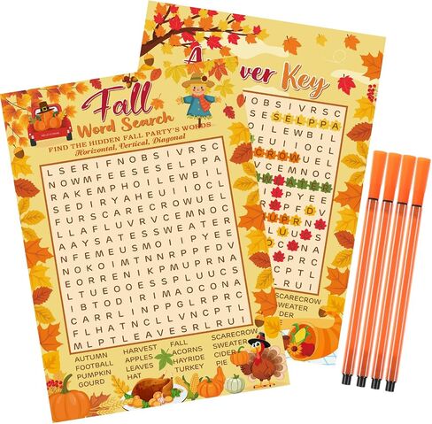 CAPODA 41 PCS Fall Word Search Card Card Game Fall Pumpkin Party Game 30 لاعبًا وبطاقة إجابة واحدة مع 10 أقلام لأوراق Maple Leaves Turkey Home Antives Party Supplies in Kuwait
