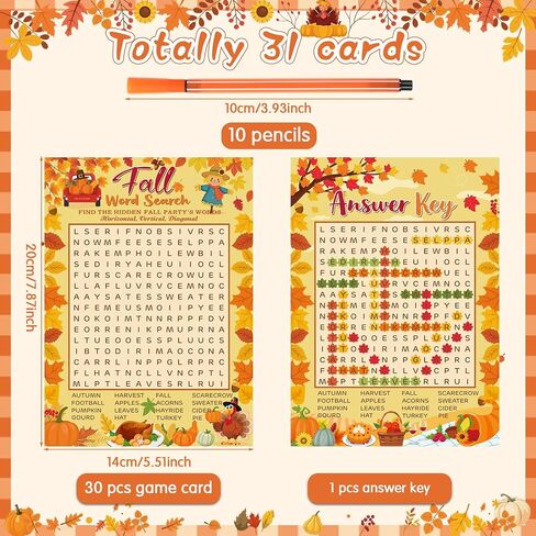 CAPODA 41 PCS Fall Word Search Card Card Game Fall Pumpkin Party Game 30 لاعبًا وبطاقة إجابة واحدة مع 10 أقلام لأوراق Maple Leaves Turkey Home Antives Party Supplies in Kuwait