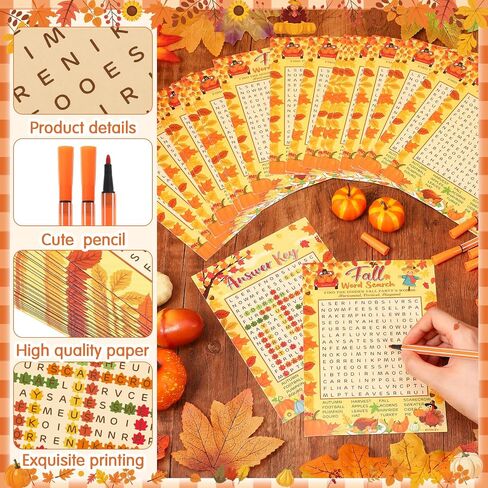 CAPODA 41 PCS Fall Word Search Card Card Game Fall Pumpkin Party Game 30 لاعبًا وبطاقة إجابة واحدة مع 10 أقلام لأوراق Maple Leaves Turkey Home Antives Party Supplies in Kuwait