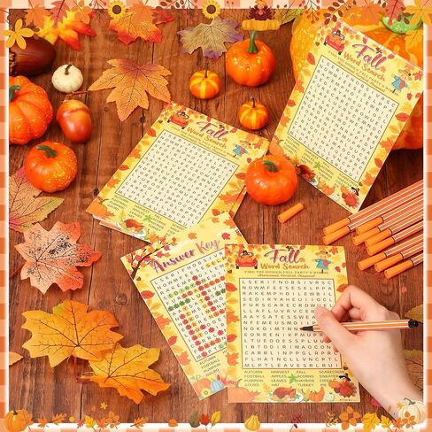 CAPODA 41 PCS Fall Word Search Card Card Game Fall Pumpkin Party Game 30 لاعبًا وبطاقة إجابة واحدة مع 10 أقلام لأوراق Maple Leaves Turkey Home Antives Party Supplies in Kuwait