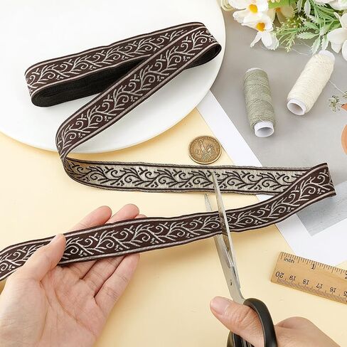 PH PandaHall 10 Yards Jacquard Ribbon 1 inch Boho Lace Trim Vintage Floral Embroidered Ribbon Ethnic Style Lace Trim for Sewing Handmade Bag Clothing Decoration DIY Crafts, Brown in Saudi Arabia
