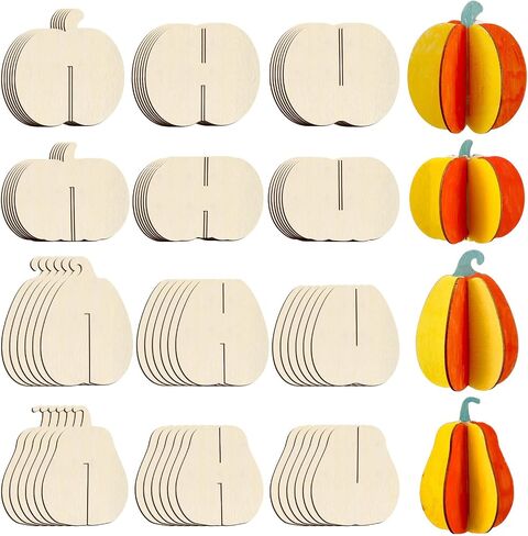 Weysat 72pcs DIY Fall 3D Pumpkins Wood Crafts to Paint Unfinished Wooden Pumpkin Cutout Thanksgiving Fall Crafts Autumn Harvest Thanksgiving Halloween Ornaments for Painting Decorations in Saudi Arabia