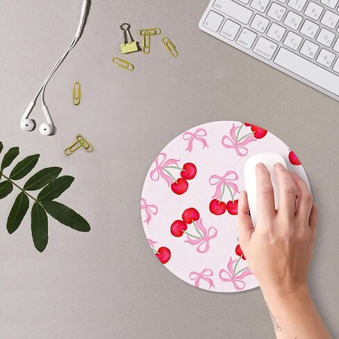 Pink Girly Bow Mouse Pad, Coquette Girly Ribbon Bow Cherries Mousepad Mouse Mat with Non-Slip Rubber Base for Home Office Desk Accessories, Pink Office Supplies, 7.9x7.9 Inch in Kuwait