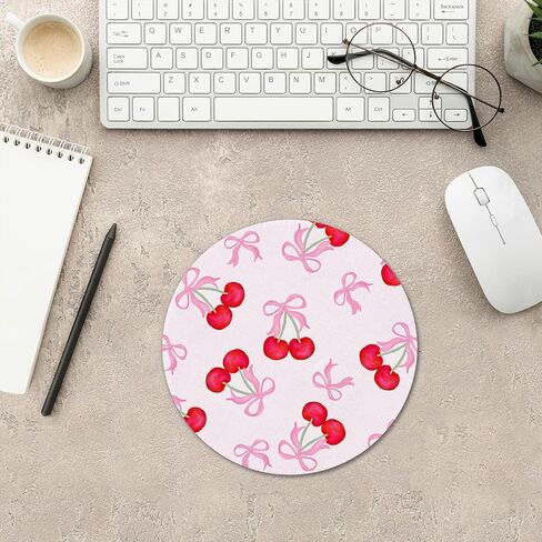 Pink Girly Bow Mouse Pad, Coquette Girly Ribbon Bow Cherries Mousepad Mouse Mat with Non-Slip Rubber Base for Home Office Desk Accessories, Pink Office Supplies, 7.9x7.9 Inch in Kuwait