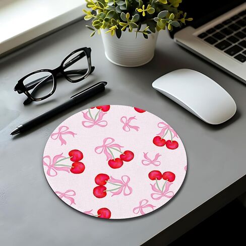 Pink Girly Bow Mouse Pad, Coquette Girly Ribbon Bow Cherries Mousepad Mouse Mat with Non-Slip Rubber Base for Home Office Desk Accessories, Pink Office Supplies, 7.9x7.9 Inch in Kuwait