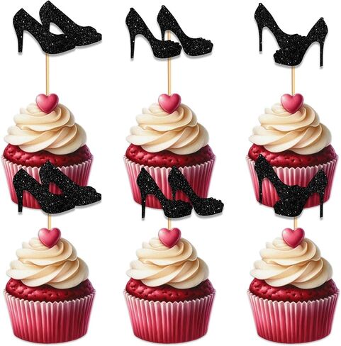 Heel Cupcake Topper for Beautiful High Heel Make Up Theme Party Favors Decorations Women Girls Happy Birthday Party Decor Supplies 18pcs Black Glitter in Saudi Arabia