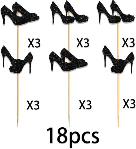 Heel Cupcake Topper for Beautiful High Heel Make Up Theme Party Favors Decorations Women Girls Happy Birthday Party Decor Supplies 18pcs Black Glitter in Saudi Arabia
