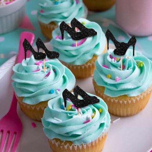 Heel Cupcake Topper for Beautiful High Heel Make Up Theme Party Favors Decorations Women Girls Happy Birthday Party Decor Supplies 18pcs Black Glitter in Saudi Arabia