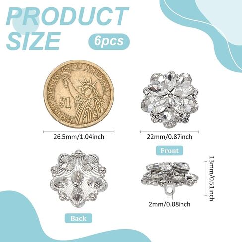 FINGERINSPIRE 6 PCS Shiny Flower Rhinestone Buttons 0.87inch Glass Rhinestone Shank Buttons Platinum Crystal Sew On Button with 1-Hole Jewelry Decoration for Craft Wedding Party Clothes Embellishment in Saudi Arabia