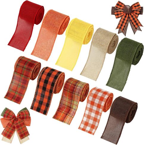 Whaline 10 Rolls 50 Yard Fall Plaid Burlap Ribbon 2 Inch Decorative Wrapping Ribbon for Autumn Thanksgiving DIY Crafts Bow Wreath Making Supplies in Kuwait