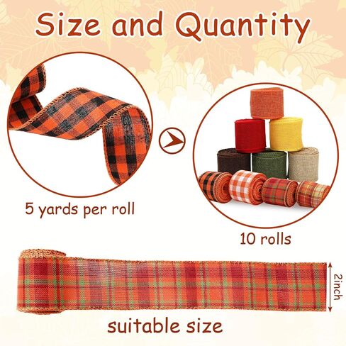 Whaline 10 Rolls 50 Yard Fall Plaid Burlap Ribbon 2 Inch Decorative Wrapping Ribbon for Autumn Thanksgiving DIY Crafts Bow Wreath Making Supplies in Kuwait