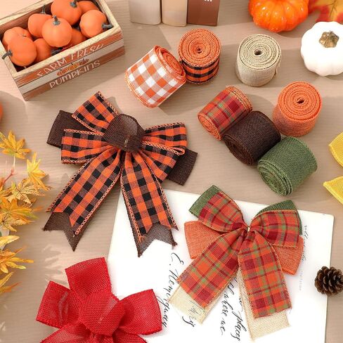 Whaline 10 Rolls 50 Yard Fall Plaid Burlap Ribbon 2 Inch Decorative Wrapping Ribbon for Autumn Thanksgiving DIY Crafts Bow Wreath Making Supplies in Kuwait