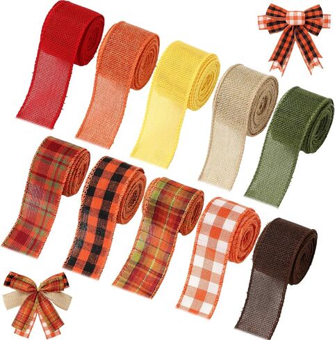 Whaline 10 Rolls 50 Yard Fall Plaid Burlap Ribbon 2 Inch Decorative Wrapping Ribbon for Autumn Thanksgiving DIY Crafts Bow Wreath Making Supplies in Kuwait