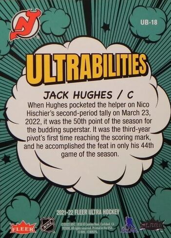 2021-22 Upper Deck Fleer Ultra Ultrailities Jack Hughes Devils Card #UB-18 in Saudi Arabia