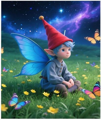 yvkew 5D Diamond Painting Cute Gnome Stress Relief Activity Living Room Wall Decor Minimalist Abstract Style Complete Tool Kit Included Blue-Winged Elf Boy in Starry Meadow 12x16 inch in Saudi Arabia